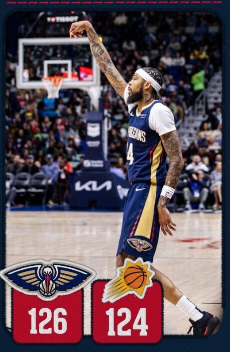 NBA赛程:鹈鹕126:124太阳
