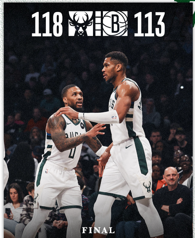 NBA赛程:雄鹿118:113篮网